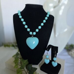 Silver and Turquoise Aqua Blue Acrylic Bead Puffy Heart Necklace Earrings Set